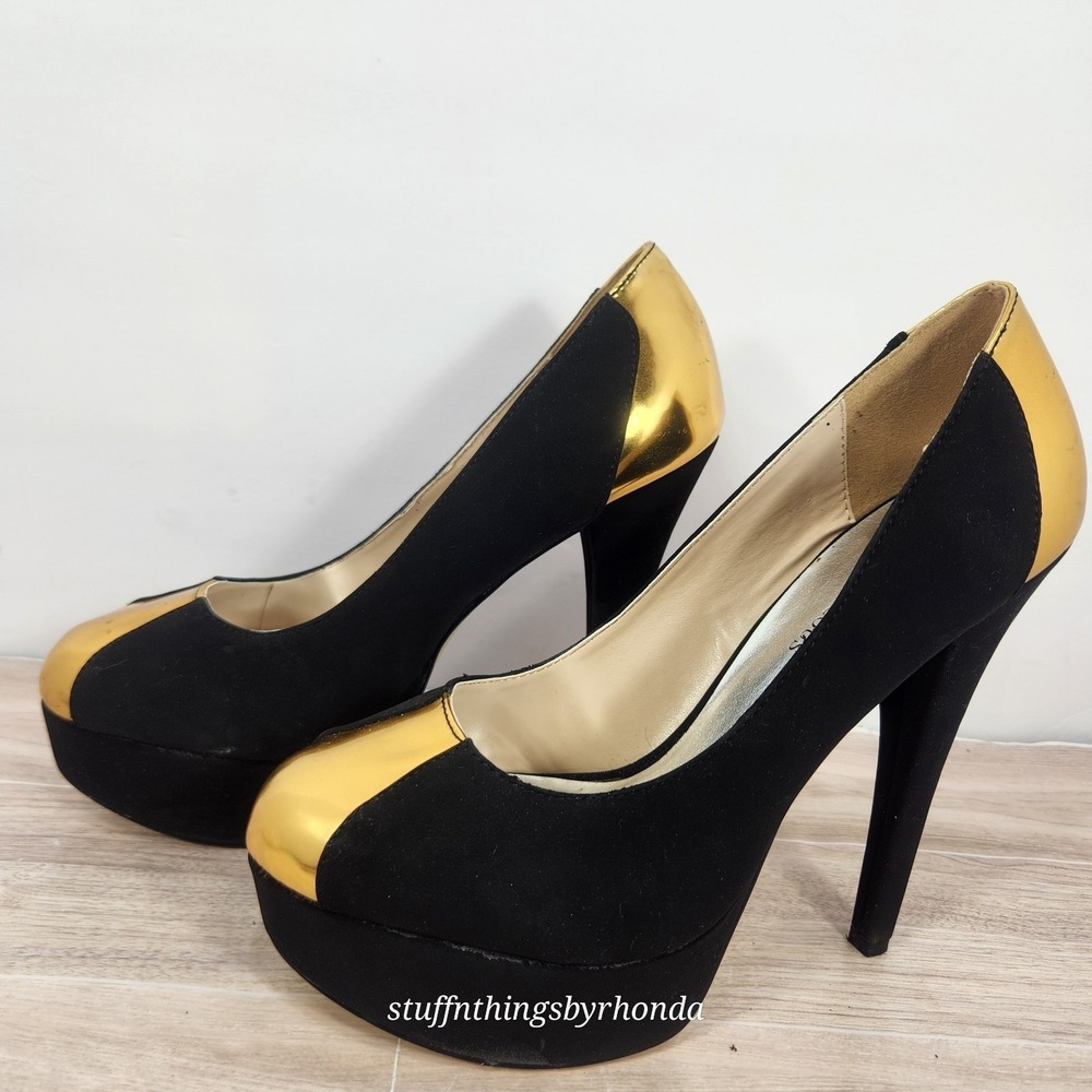JustFabulous Katura Black/Gold Stiletto Platform Pumps Size 9M In Original Box